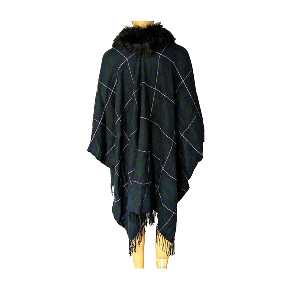 Lauren Ralph Lauren Reversible Plaid Poncho Wrap One Size Faux Fur Collar NWT - Picture 2 of 7